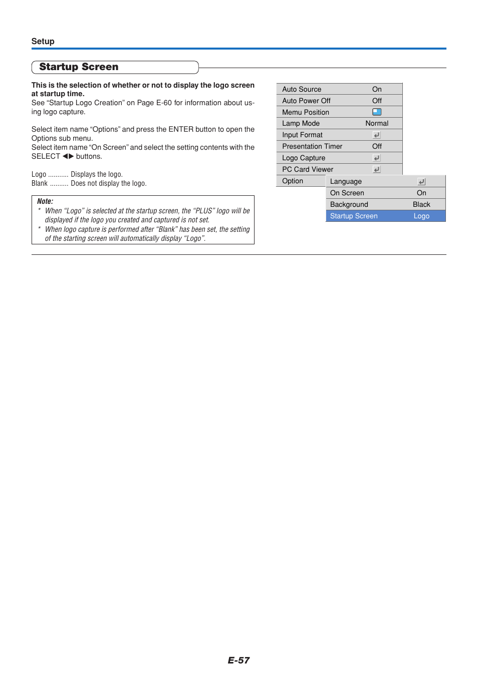 Startup screen, E-57 | PLUS Vision U4-111 User Manual | Page 58 / 80