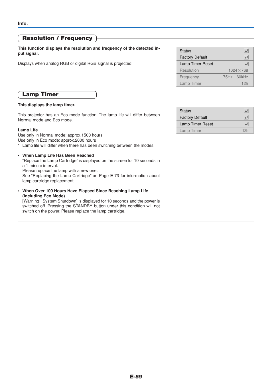 Resolution / frequency, Lamp timer | PLUS Vision U4-111 User Manual | Page 60 / 80