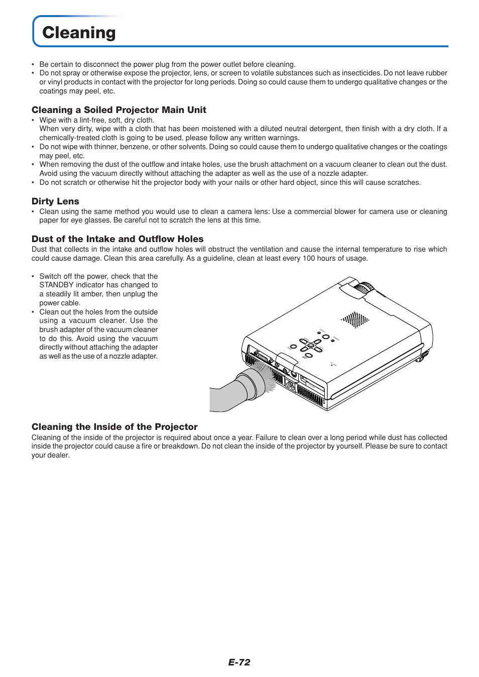 Cleaning, E-72, Cleaning a soiled projector main unit | Dirty lens, Dust of the intake and outflow holes, Cleaning the inside of the projector | PLUS Vision U4-111 User Manual | Page 73 / 80