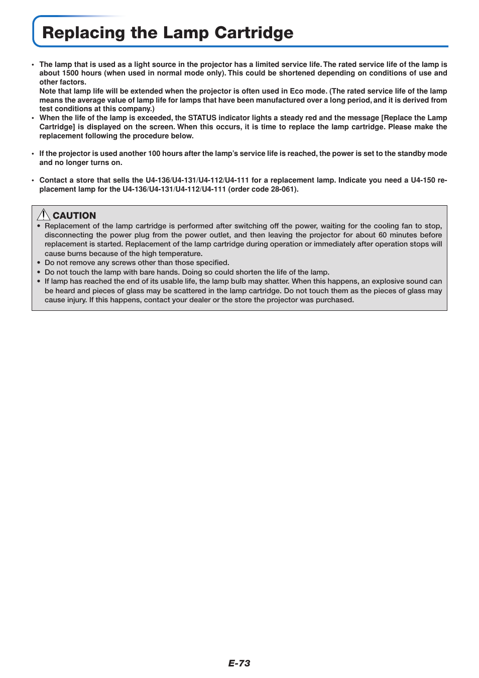 Replacing the lamp cartridge | PLUS Vision U4-111 User Manual | Page 74 / 80