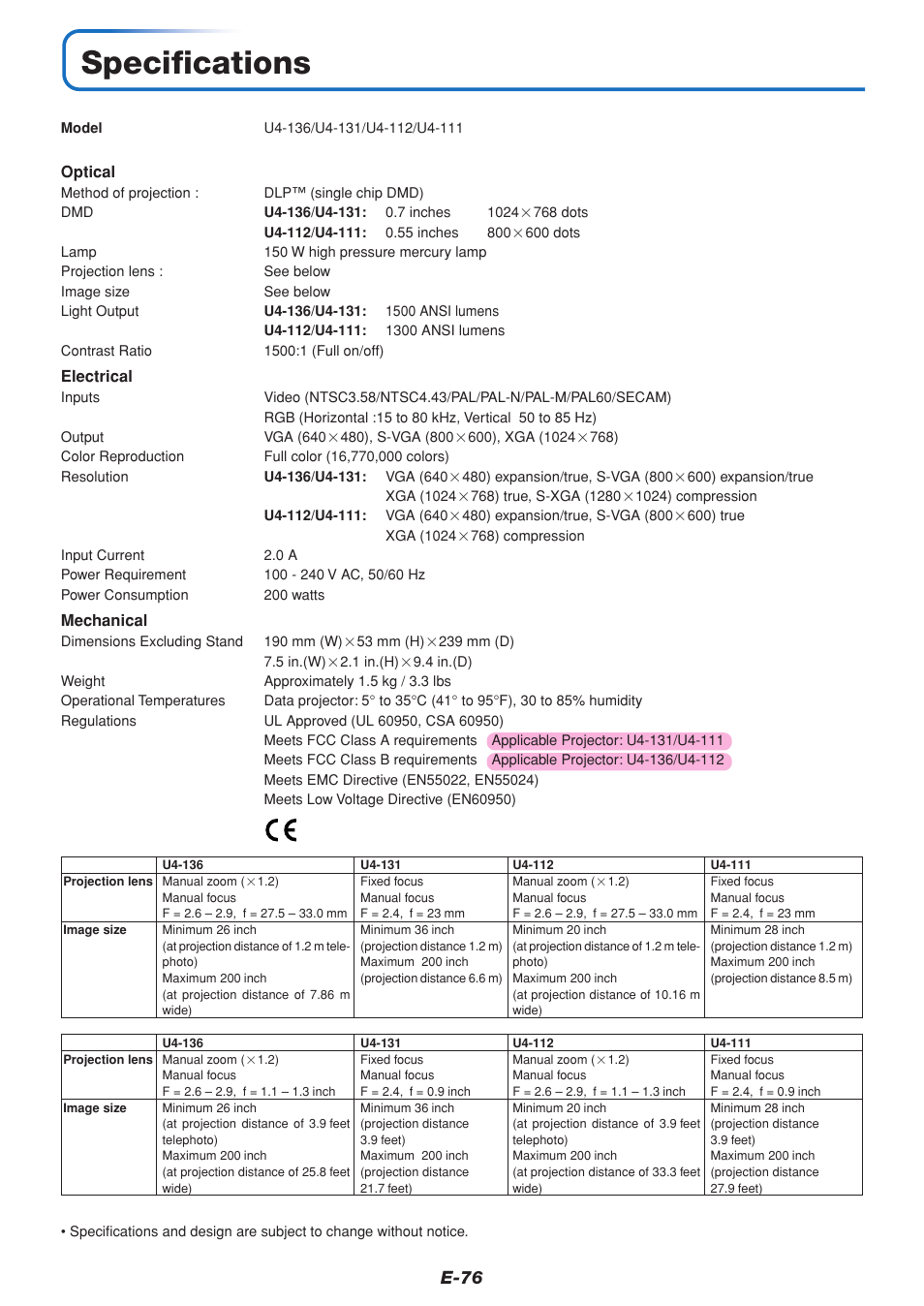 Specifications, E-76 | PLUS Vision U4-111 User Manual | Page 77 / 80