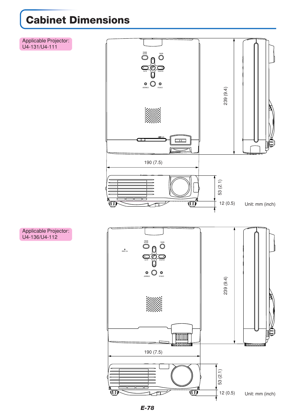 Cabinet dimensions, E-78 | PLUS Vision U4-111 User Manual | Page 79 / 80