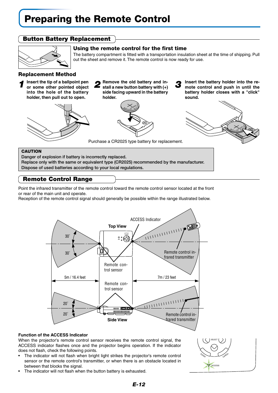 Preparing the remote control, Button battery replacement, Remote control range | E-12, Using the remote control for the first time, Replacement method | PLUS Vision Data Projector User Manual | Page 12 / 68