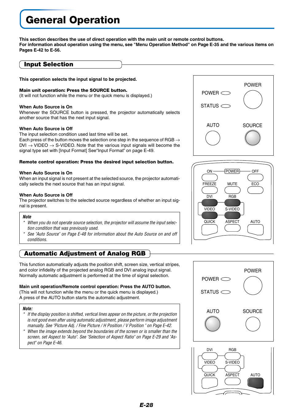 General operation, Input selection, Automatic adjustment of analog rgb | E-28 | PLUS Vision Data Projector User Manual | Page 28 / 68