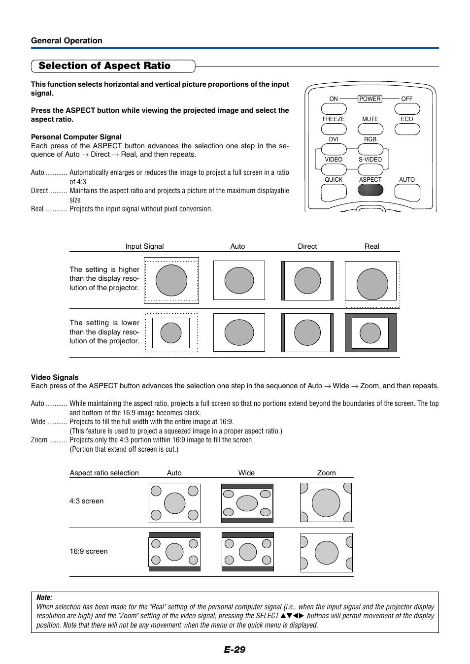 Selection of aspect ratio, E-29 | PLUS Vision Data Projector User Manual | Page 29 / 68
