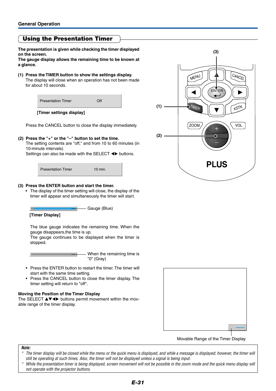 Using the presentation timer, E-31 | PLUS Vision Data Projector User Manual | Page 31 / 68