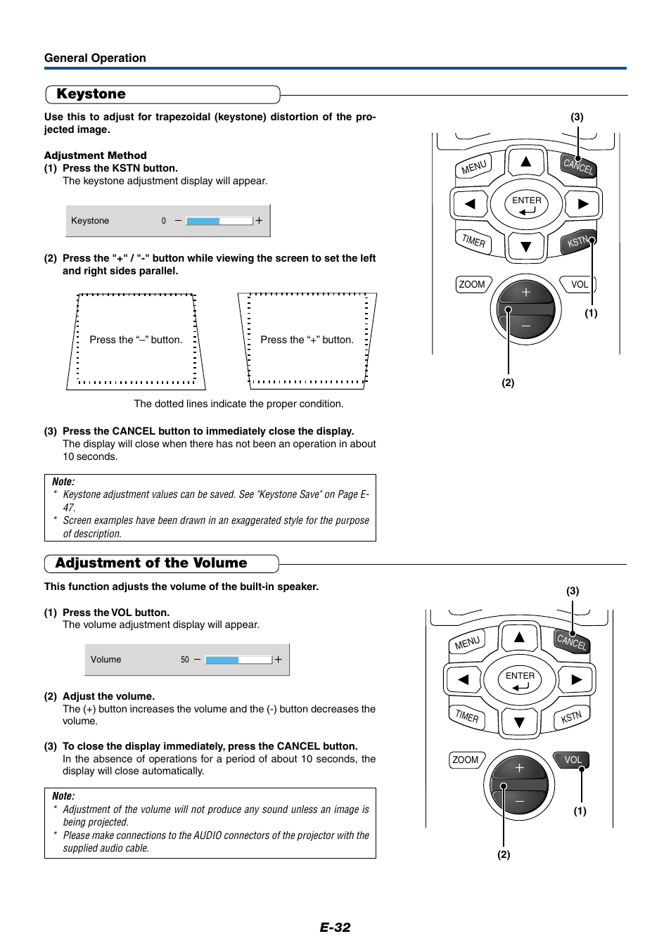 Keystone, Adjustment of the volume, E-32 | PLUS Vision Data Projector User Manual | Page 32 / 68