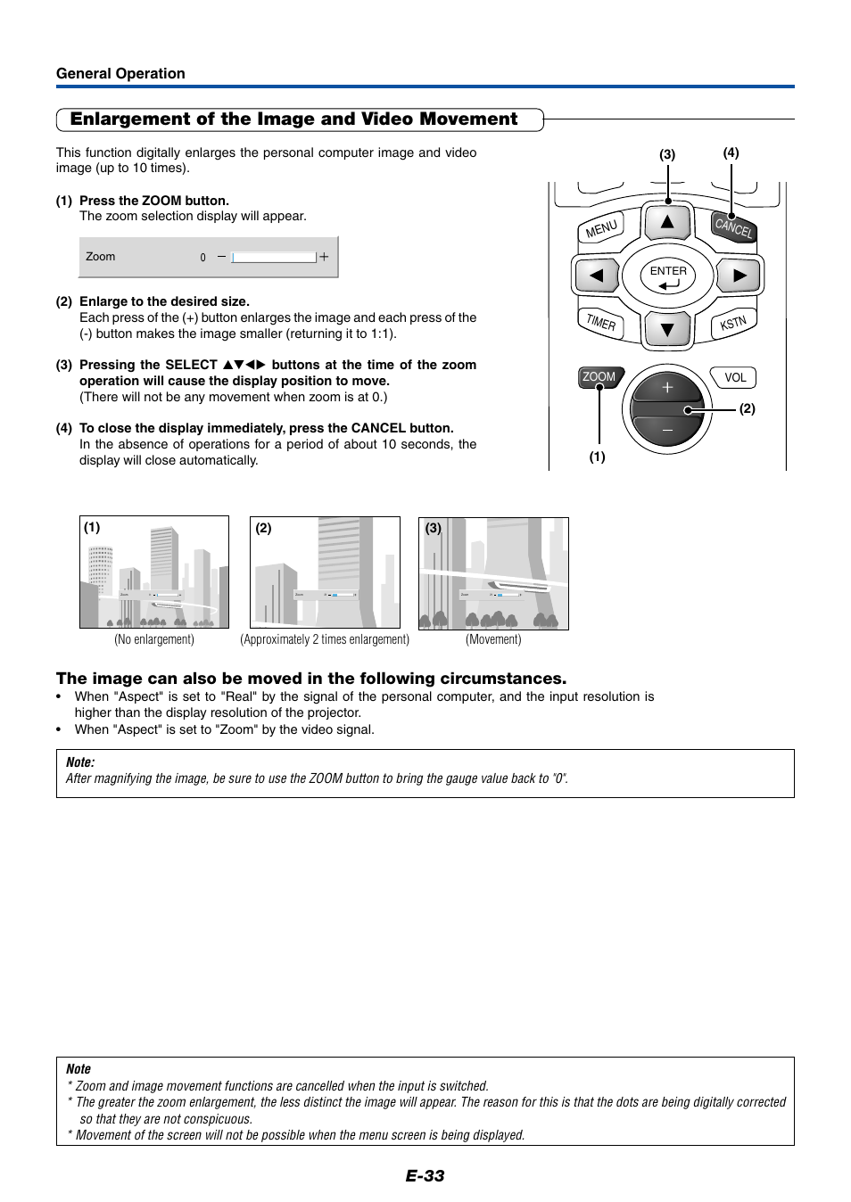 Enlargement of the image and video movement, E-33 | PLUS Vision Data Projector User Manual | Page 33 / 68