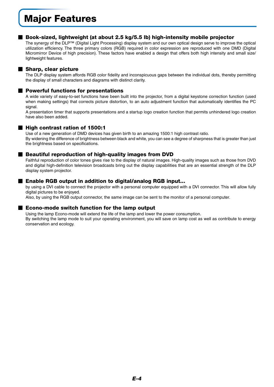 Major features | PLUS Vision Data Projector User Manual | Page 4 / 68