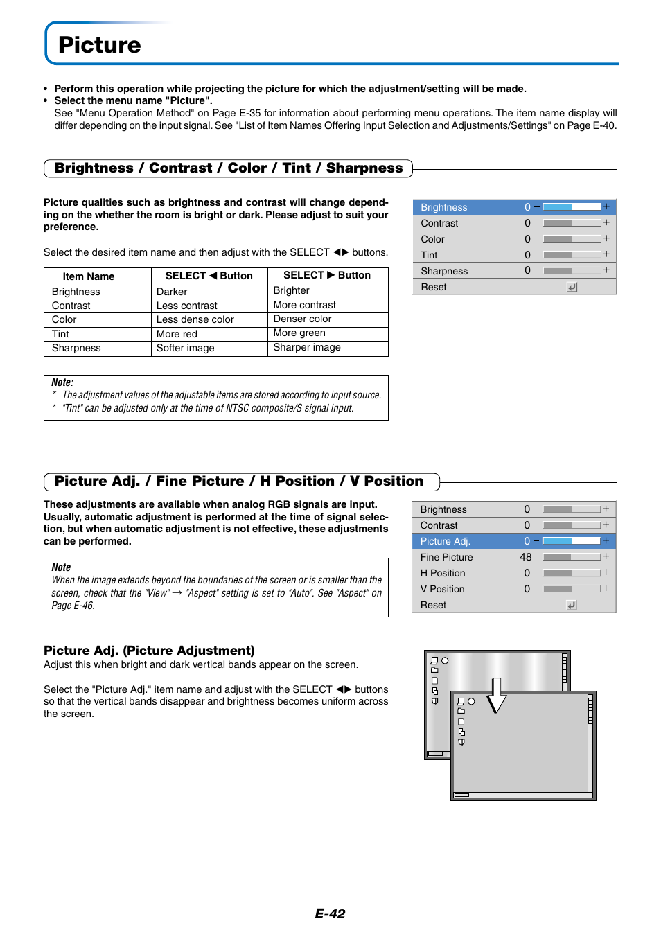 Picture, Brightness / contrast / color / tint / sharpness | PLUS Vision Data Projector User Manual | Page 42 / 68