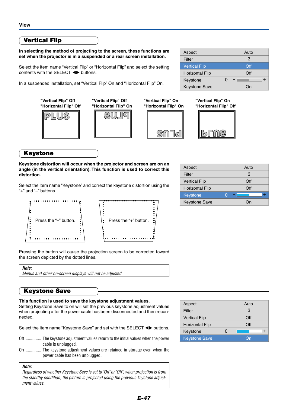 Vertical flip, Keystone, Keystone save | E-47 | PLUS Vision Data Projector User Manual | Page 47 / 68