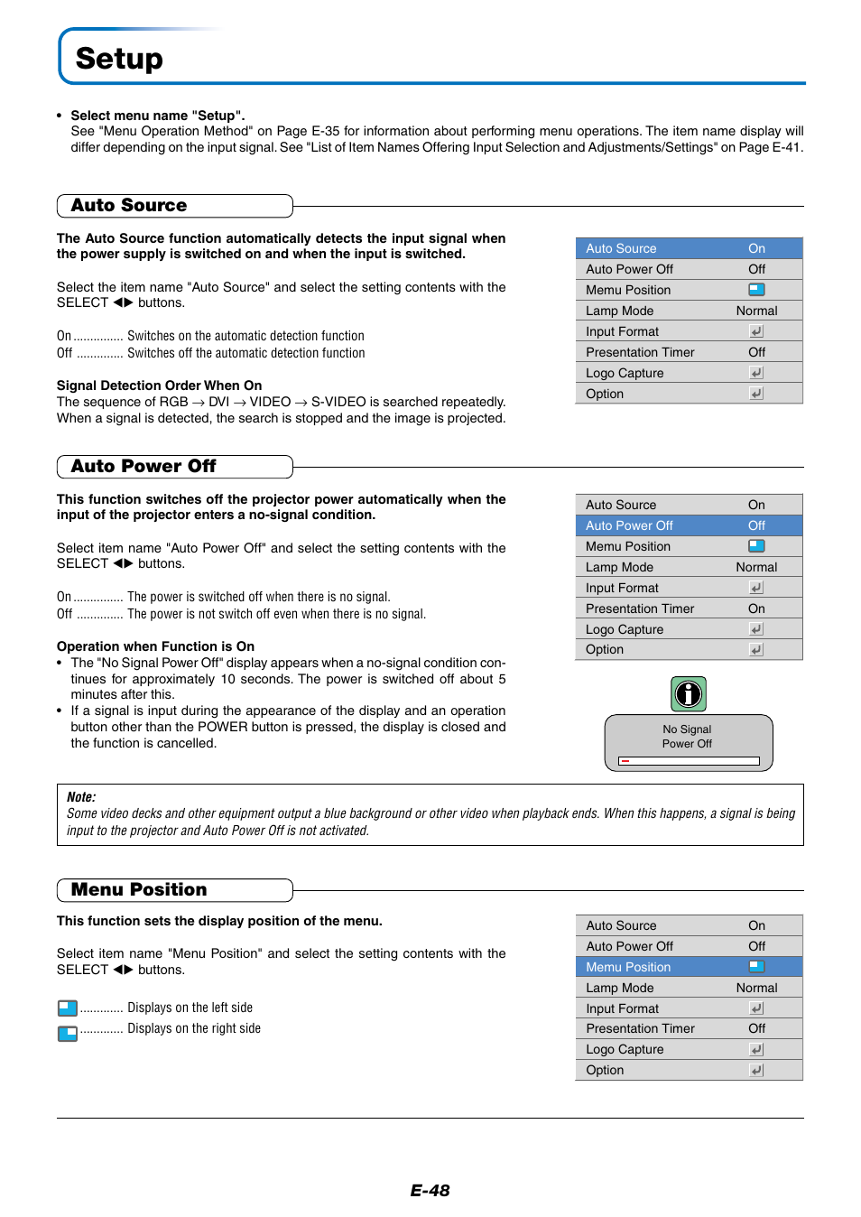 Setup, Auto source, Auto power off | Menu position | PLUS Vision Data Projector User Manual | Page 48 / 68