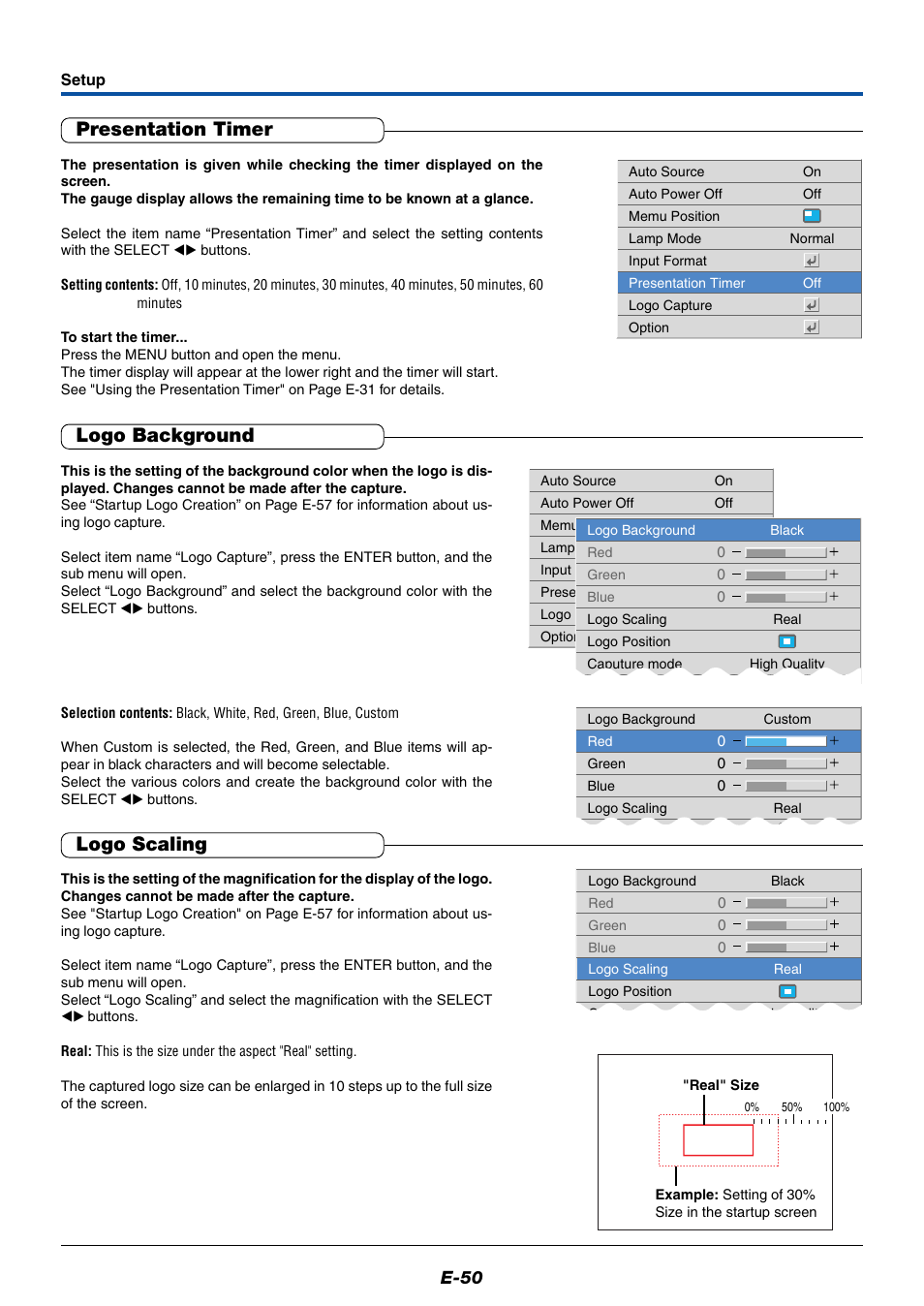 Presentation timer, Logo background, Logo scaling | E-50 | PLUS Vision Data Projector User Manual | Page 50 / 68