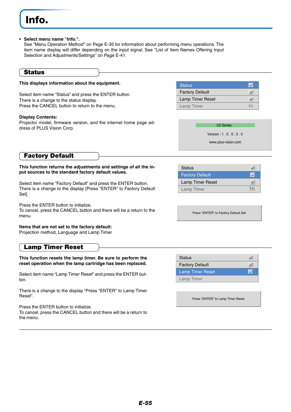 Info, Status, Factory default | Lamp timer reset | PLUS Vision Data Projector User Manual | Page 55 / 68