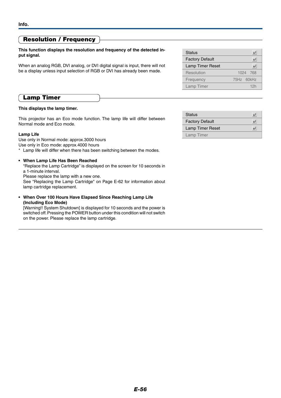 Resolution / frequency, Lamp timer | PLUS Vision Data Projector User Manual | Page 56 / 68