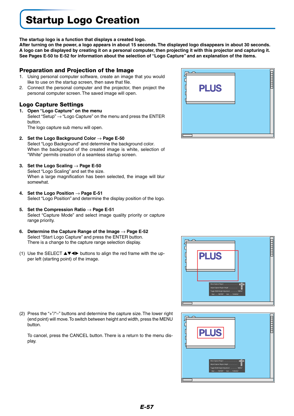 Startup logo creation, E-57, Preparation and projection of the image | Logo capture settings | PLUS Vision Data Projector User Manual | Page 57 / 68
