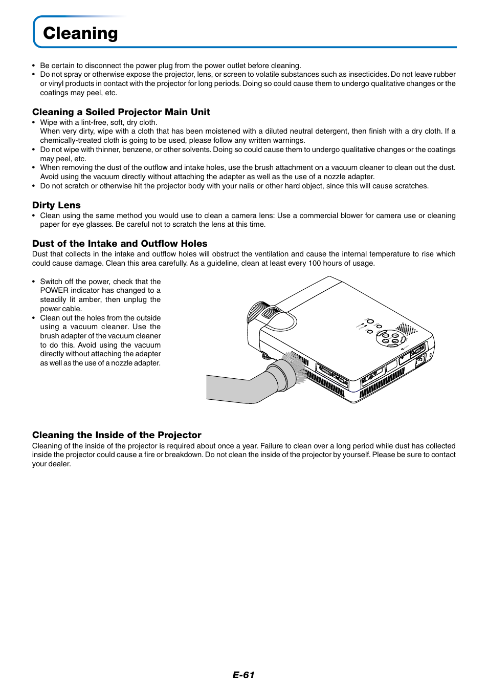 Cleaning, E-61, Cleaning a soiled projector main unit | Dirty lens, Dust of the intake and outflow holes, Cleaning the inside of the projector, Enter | PLUS Vision Data Projector User Manual | Page 61 / 68