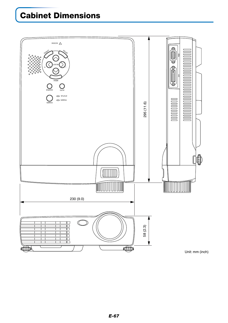 Cabinet dimensions, E-67 | PLUS Vision Data Projector User Manual | Page 67 / 68