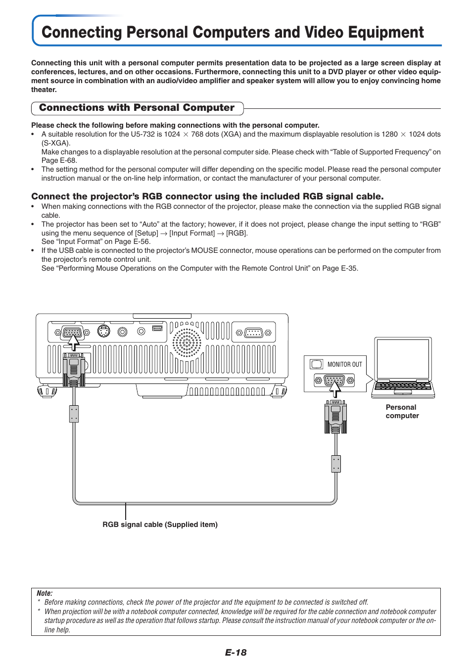 Connecting personal computers and video equipment, Connections with personal computer | PLUS Vision U5-732 User Manual | Page 18 / 70