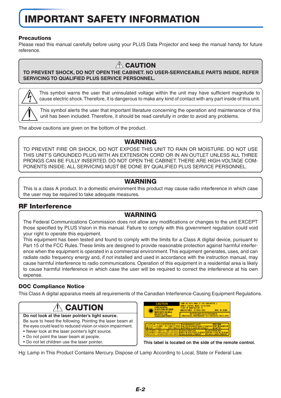Important safety information, Caution | PLUS Vision U5-732 User Manual | Page 2 / 70