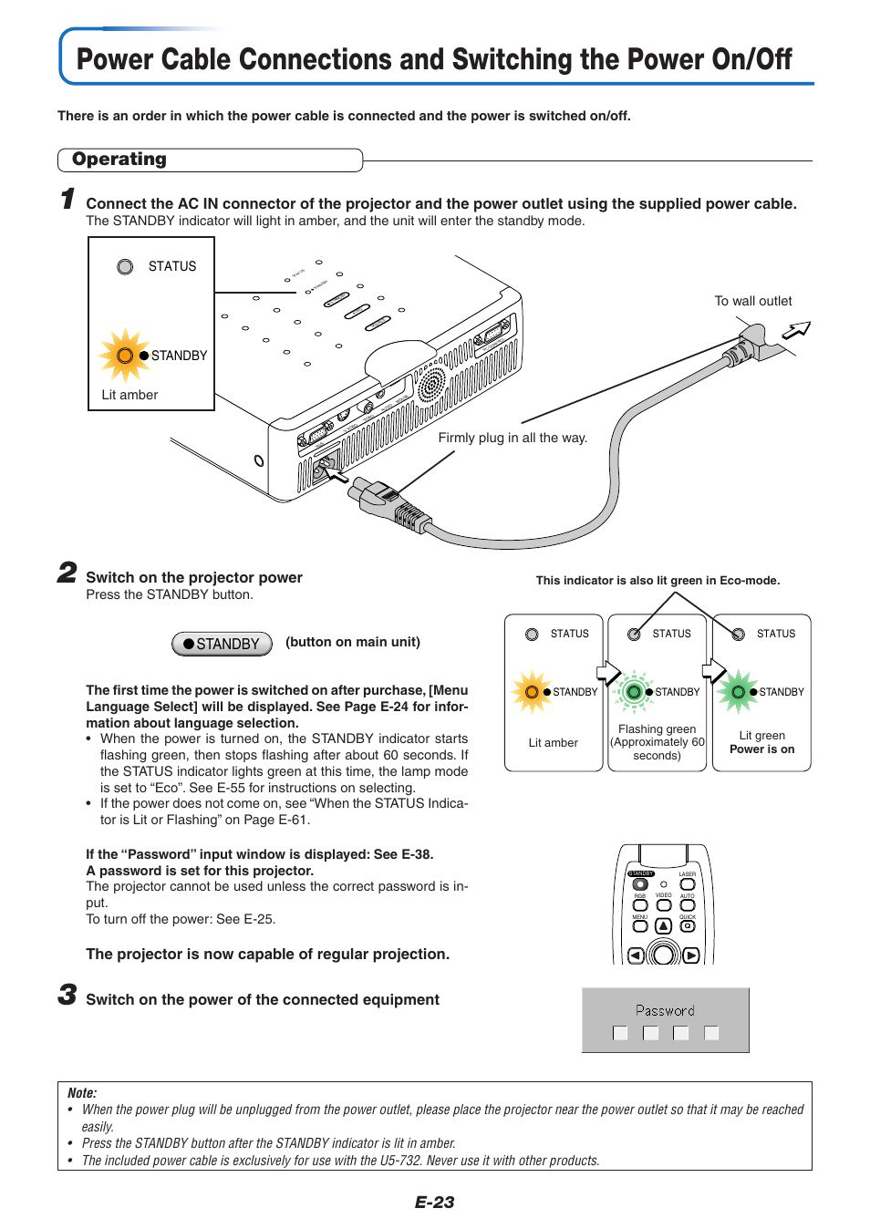 Operating, E-23, Switch on the projector power | The projector is now capable of regular projection, Switch on the power of the connected equipment, Standby | PLUS Vision U5-732 User Manual | Page 23 / 70