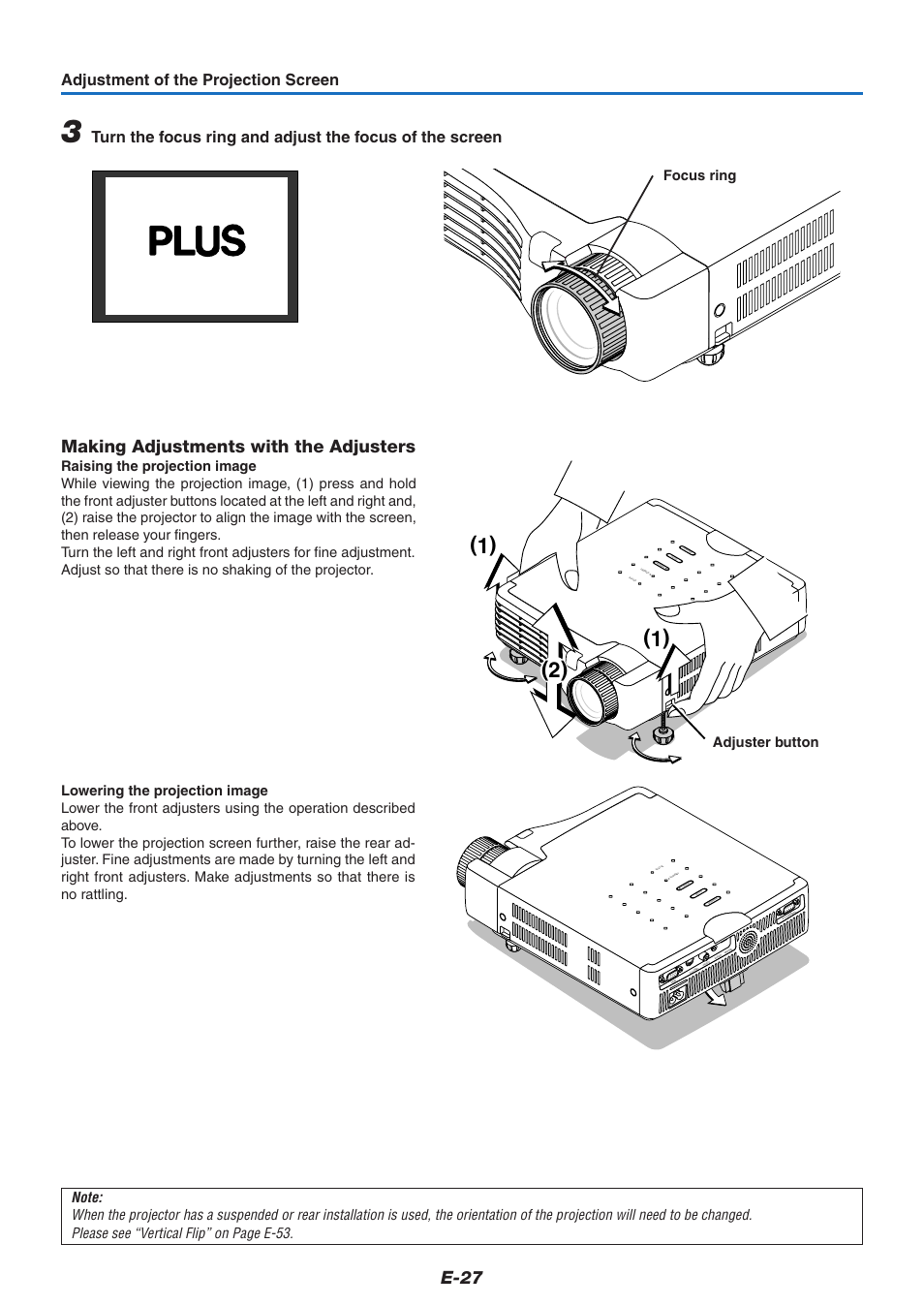 E-27, Making adjustments with the adjusters, Adjustment of the projection screen | Focus ring, Adjuster button | PLUS Vision U5-732 User Manual | Page 27 / 70