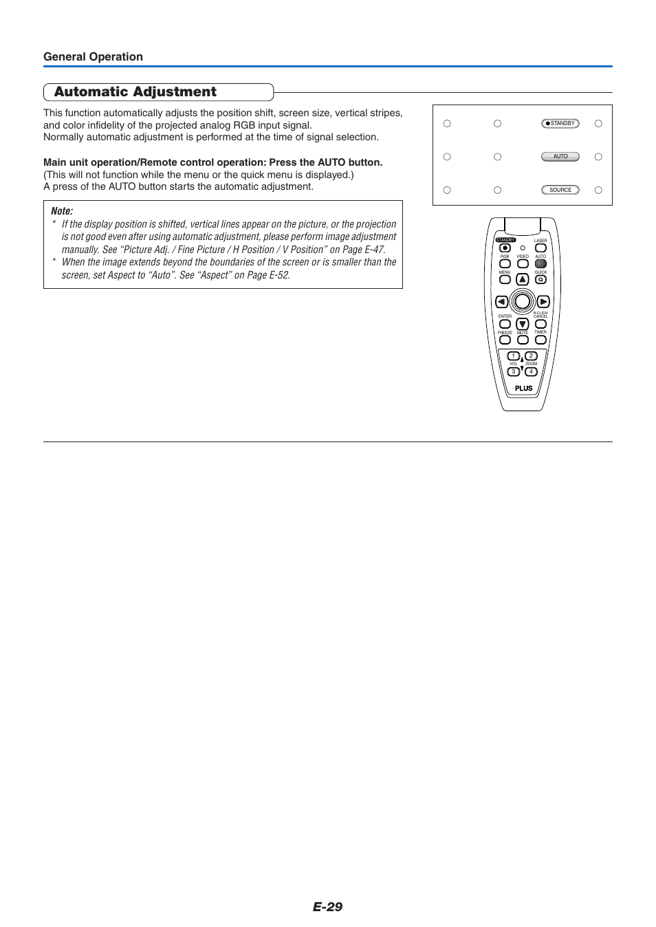 Automatic adjustment, E-29, General operation | PLUS Vision U5-732 User Manual | Page 29 / 70