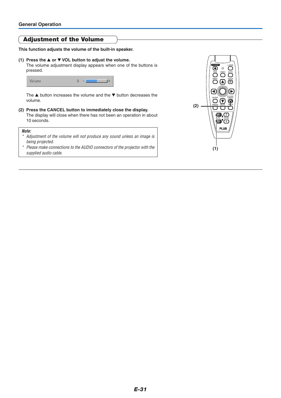 Adjustment of the volume, E-31, General operation | PLUS Vision U5-732 User Manual | Page 31 / 70