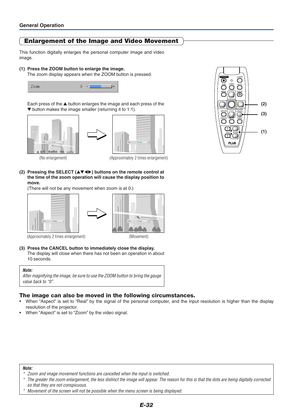 Enlargement of the image and video movement, E-32, General operation | PLUS Vision U5-732 User Manual | Page 32 / 70