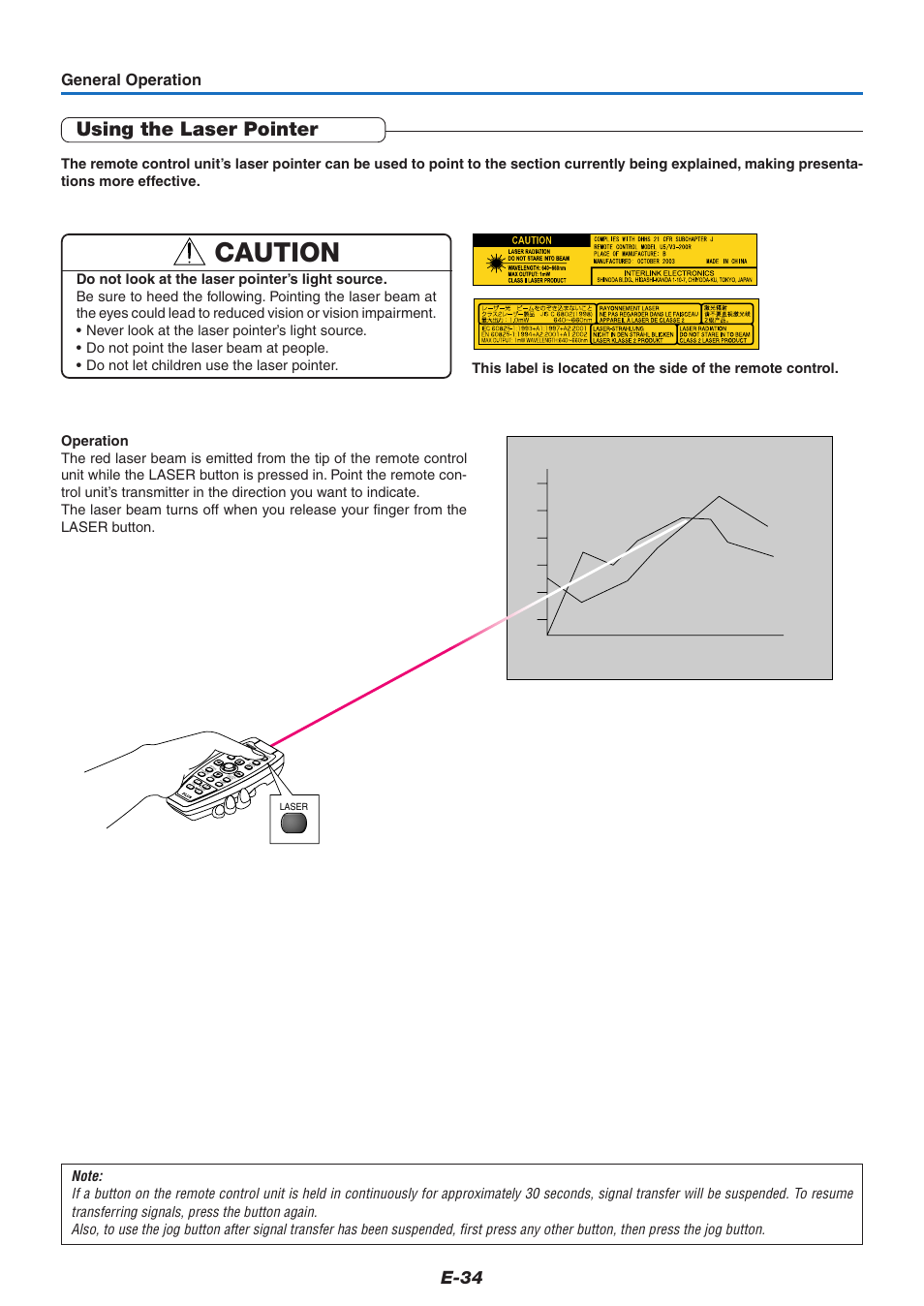 Using the laser pointer, Caution, E-34 | General operation, Laser | PLUS Vision U5-732 User Manual | Page 34 / 70