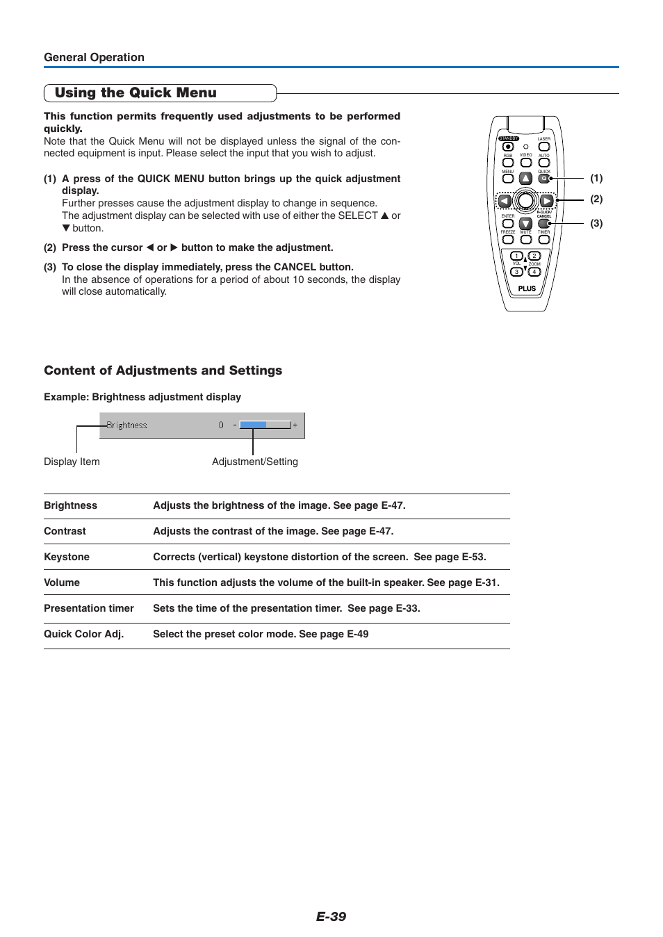 Using the quick menu, E-39, Content of adjustments and settings | General operation | PLUS Vision U5-732 User Manual | Page 39 / 70