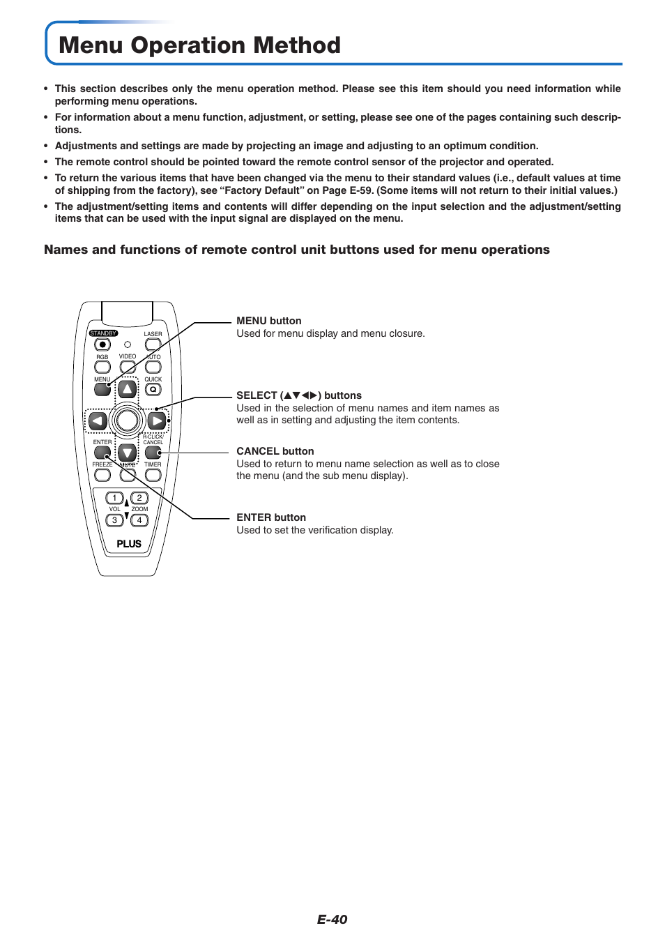 Menu operation method, E-40 | PLUS Vision U5-732 User Manual | Page 40 / 70