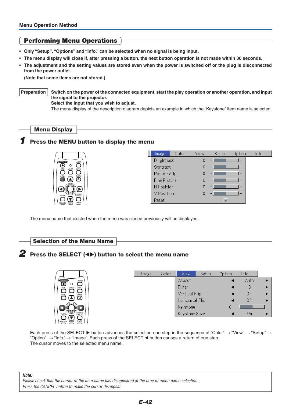 Performing menu operations, E-42, Menu operation method | PLUS Vision U5-732 User Manual | Page 42 / 70