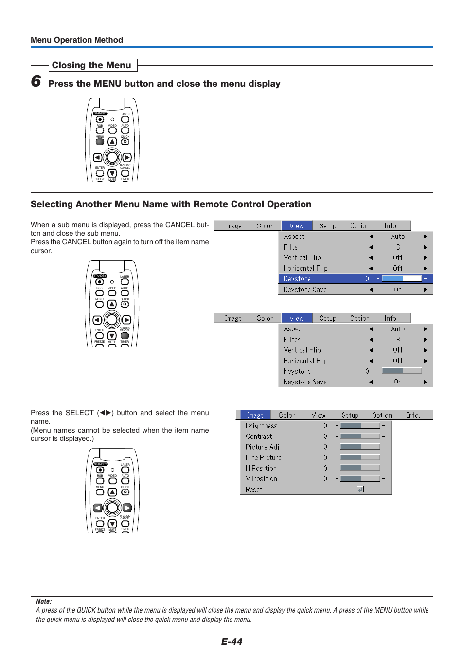 E-44, Menu operation method | PLUS Vision U5-732 User Manual | Page 44 / 70