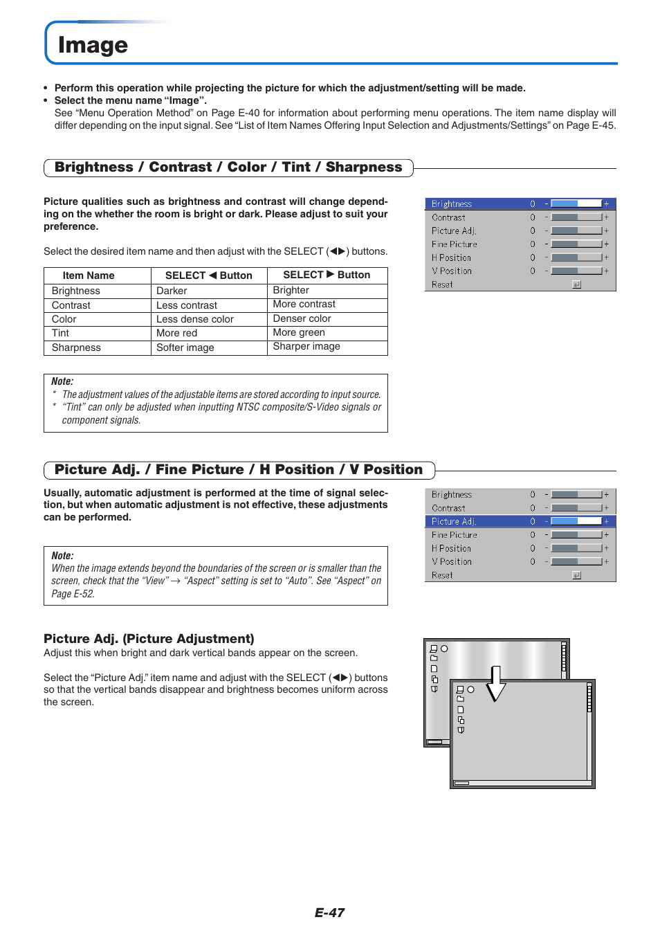 Image, Brightness / contrast / color / tint / sharpness | PLUS Vision U5-732 User Manual | Page 47 / 70