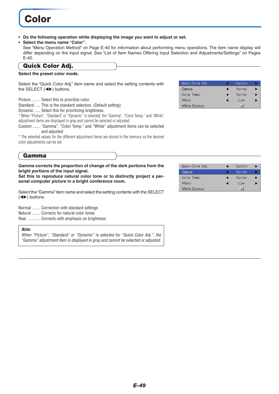 Color, Quick color adj, Gamma | PLUS Vision U5-732 User Manual | Page 49 / 70