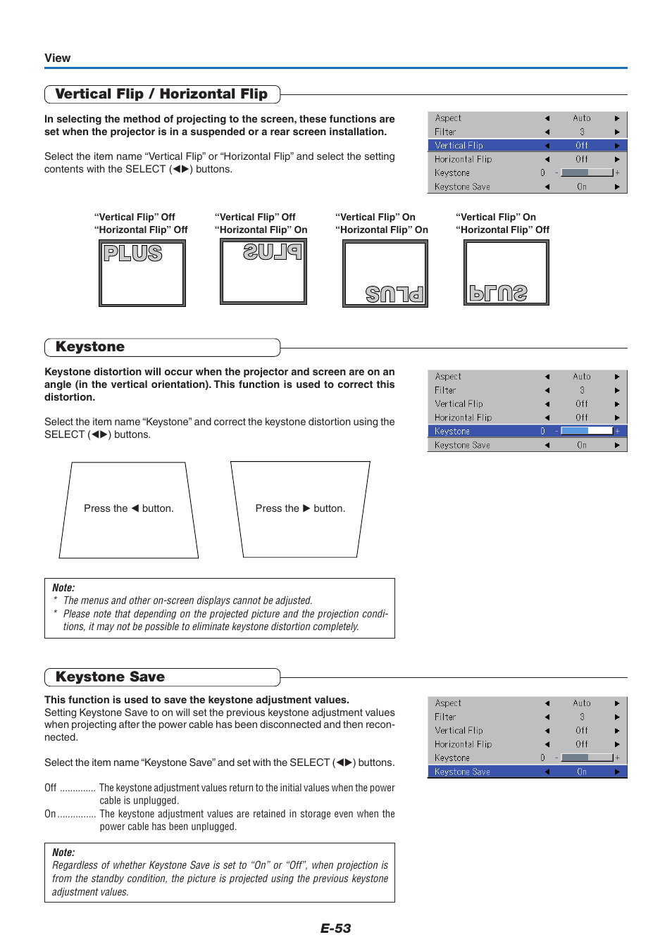 Vertical flip / horizontal flip, Keystone, Keystone save | PLUS Vision U5-732 User Manual | Page 53 / 70