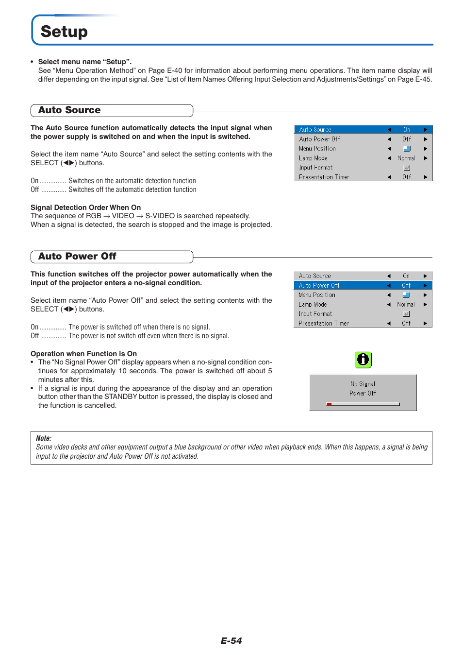 Setup, Auto source, Auto power off | PLUS Vision U5-732 User Manual | Page 54 / 70