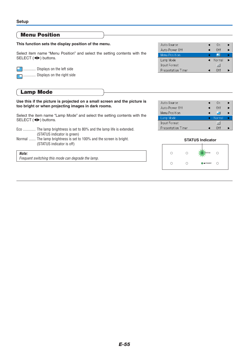 Menu position, Lamp mode, E-55 | PLUS Vision U5-732 User Manual | Page 55 / 70