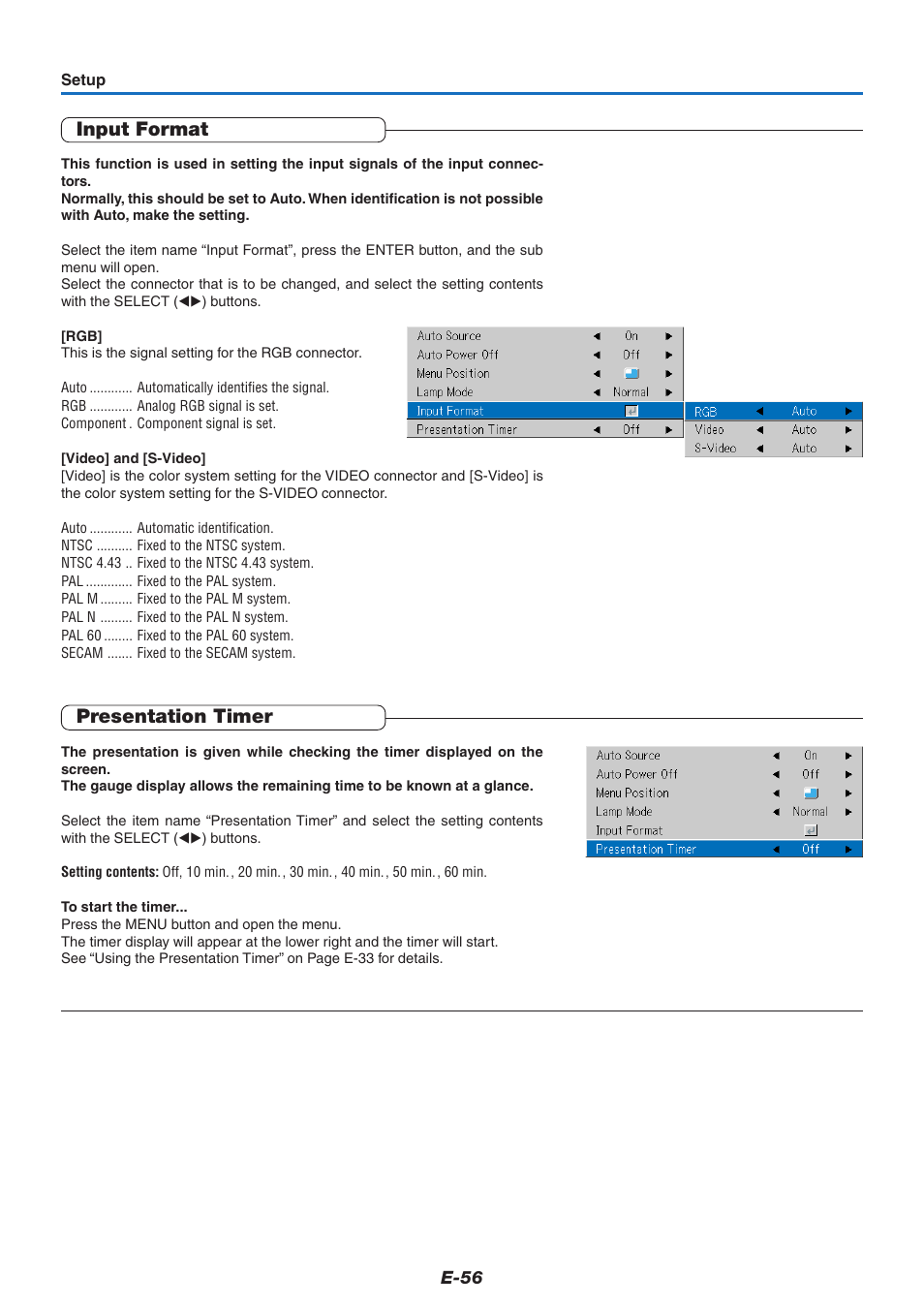Input format, Presentation timer | PLUS Vision U5-732 User Manual | Page 56 / 70