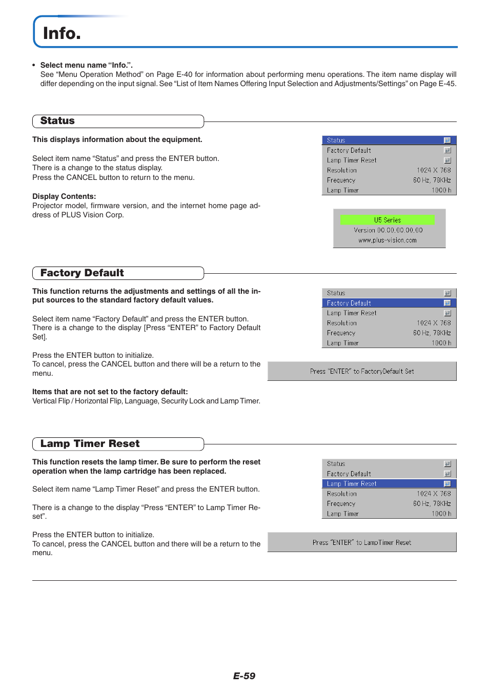 Info, Status, Factory default | Lamp timer reset | PLUS Vision U5-732 User Manual | Page 59 / 70