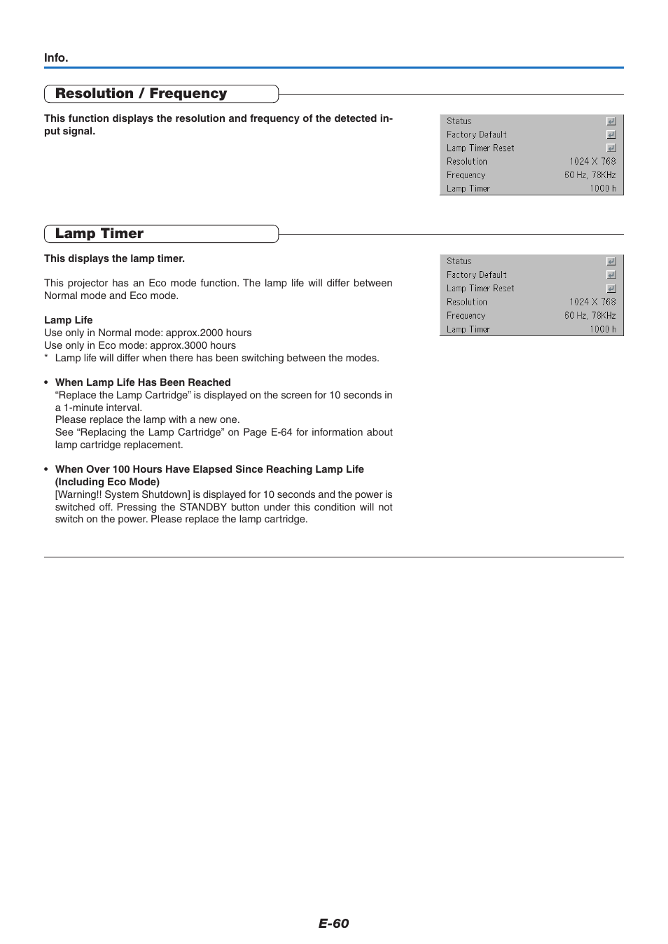 Resolution / frequency, Lamp timer | PLUS Vision U5-732 User Manual | Page 60 / 70