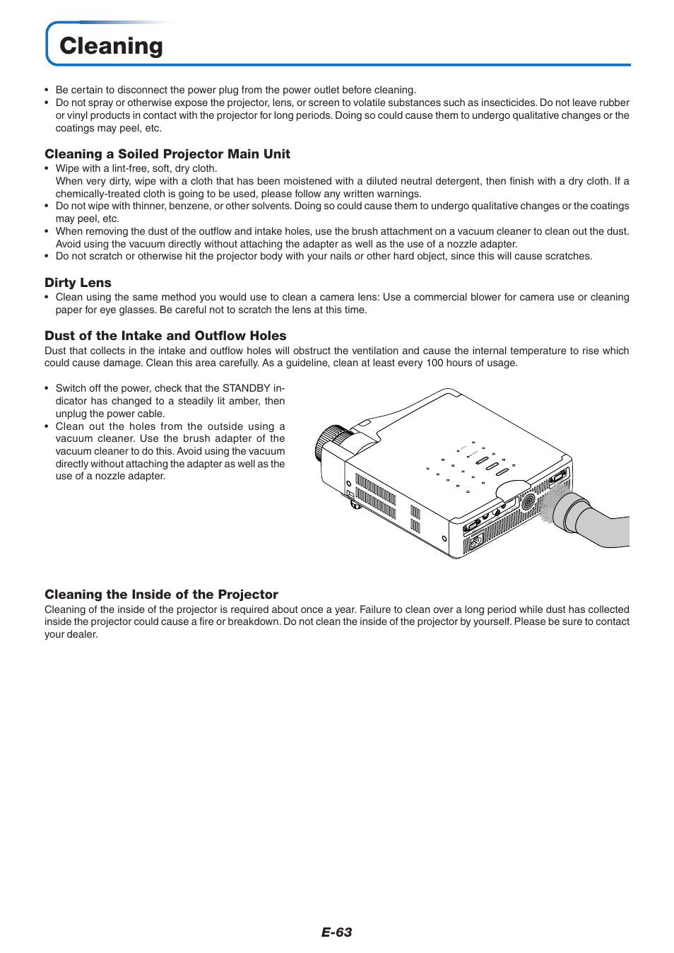 Cleaning, E-63, Cleaning a soiled projector main unit | Dirty lens, Dust of the intake and outflow holes, Cleaning the inside of the projector | PLUS Vision U5-732 User Manual | Page 63 / 70