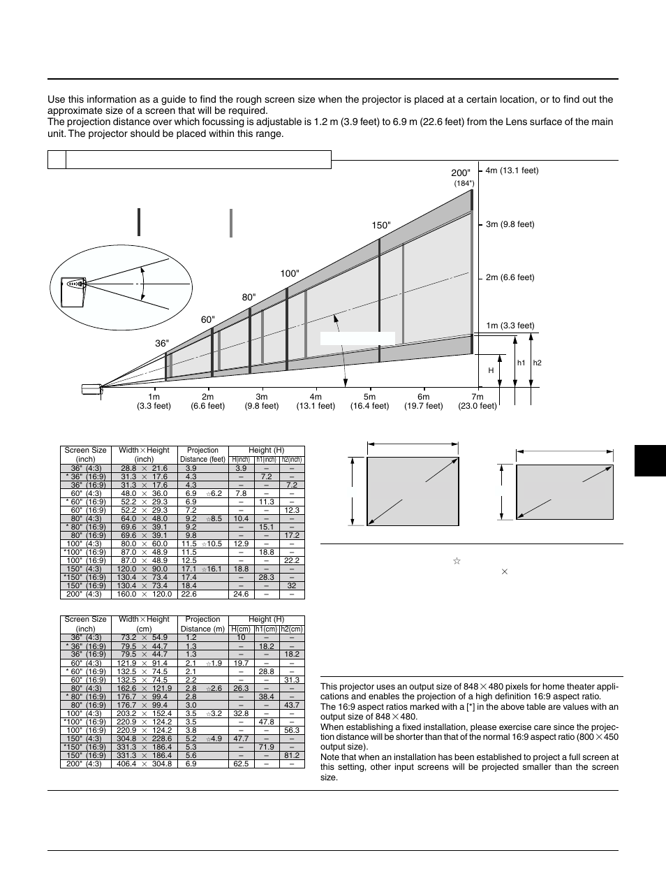 Placement guide, 1 projection distance and screen size, E – 13 | PLUS Vision HE-3100 User Manual | Page 13 / 44