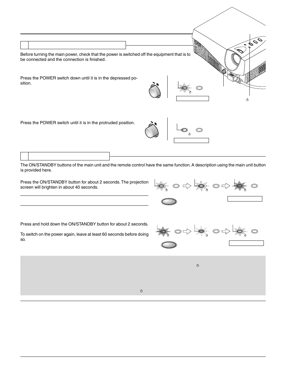 Turning on or off main power, 4 turning on or off main power, 5 turning on or off power | E – 18, Setting standby mode | PLUS Vision HE-3100 User Manual | Page 18 / 44