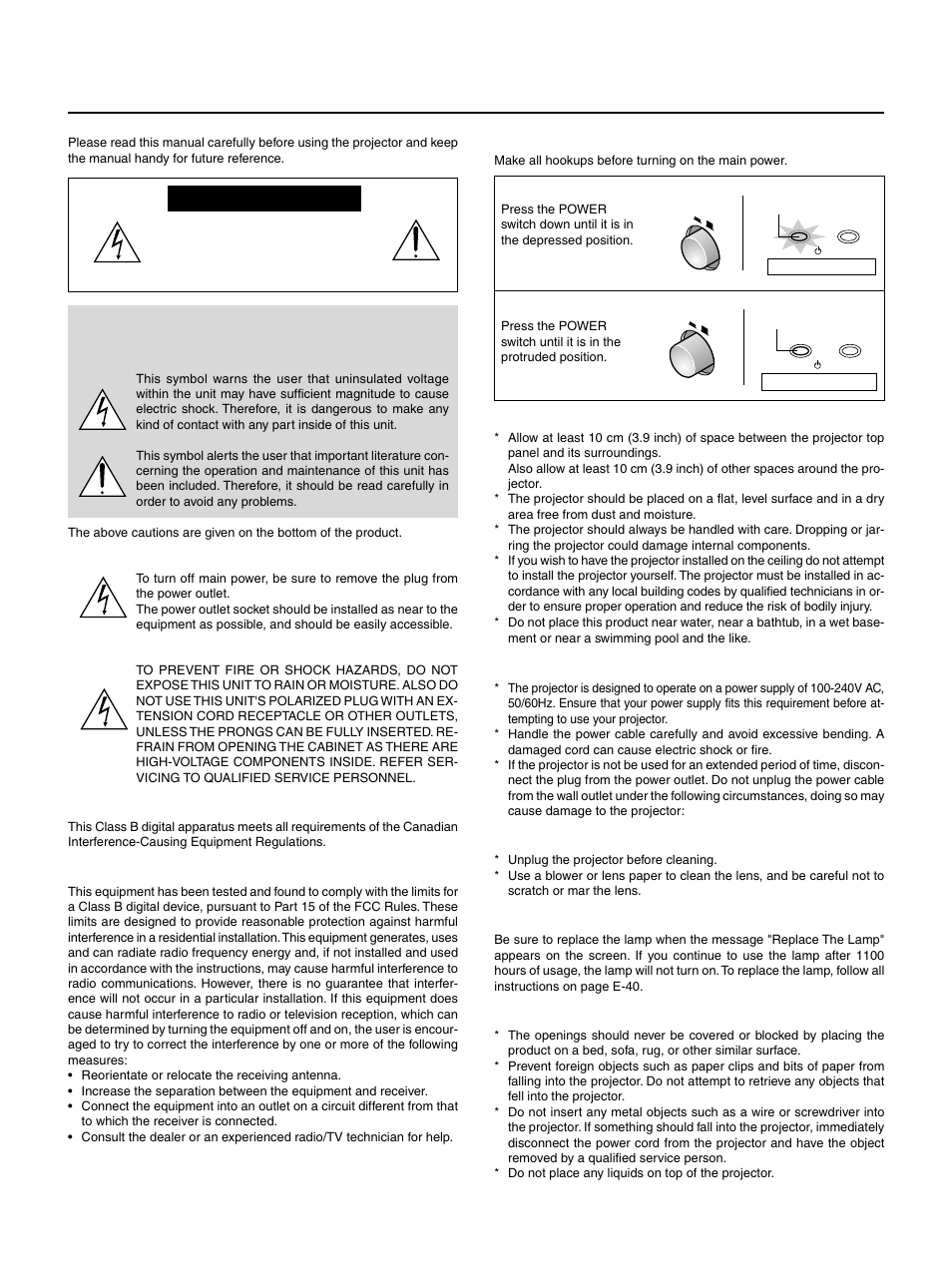 Important safety information, E – 2 installation, Power supply | Cleaning, Lamp replacement, Fire and shock precautions, Caution, Doc compliance notice, Warning, Turning on or off main power | PLUS Vision HE-3100 User Manual | Page 2 / 44