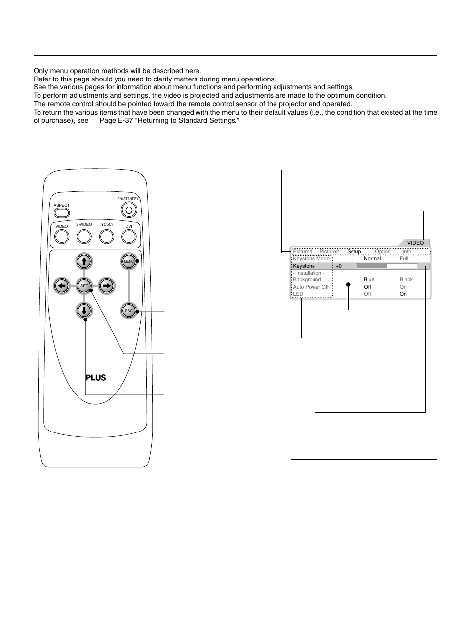 Using the on-screen menu, E – 24 | PLUS Vision HE-3100 User Manual | Page 24 / 44