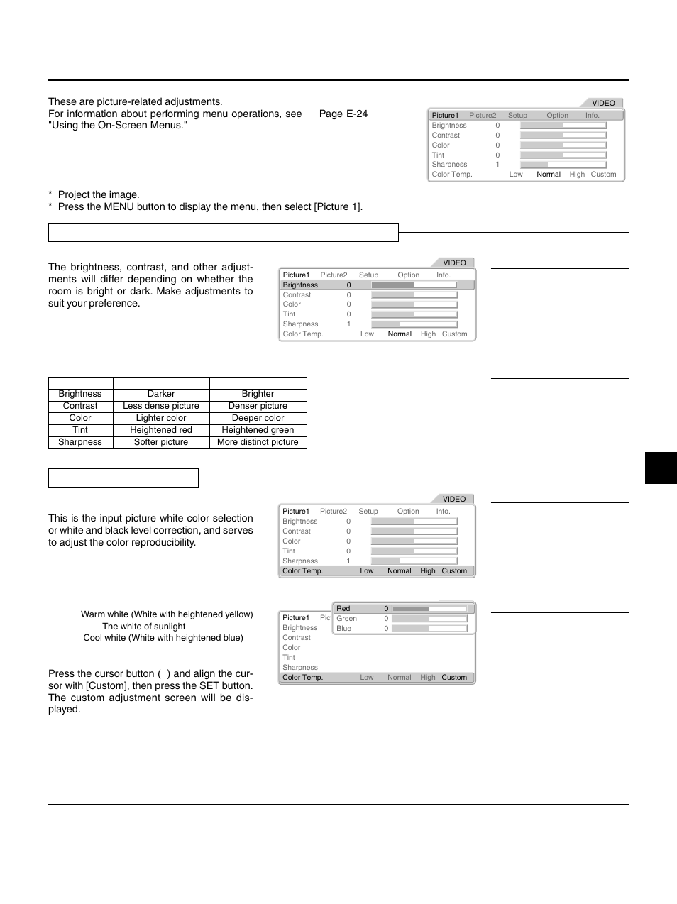 Video adjustments [picture 1, Brightness / contrast / color / tint / sharpness, Color temperature | E – 29, Adjusting the picture, Adjusting the white balance | PLUS Vision HE-3100 User Manual | Page 29 / 44