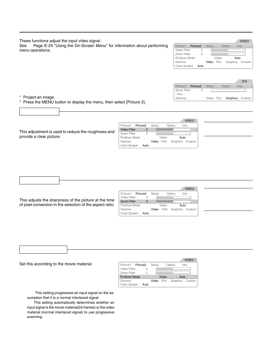 Input video adjustments [picture 2, Video filter, Zoom filter | Proscan mode, E – 30, Adjusting the sharpness of the video image, Proscan mode settings | PLUS Vision HE-3100 User Manual | Page 30 / 44