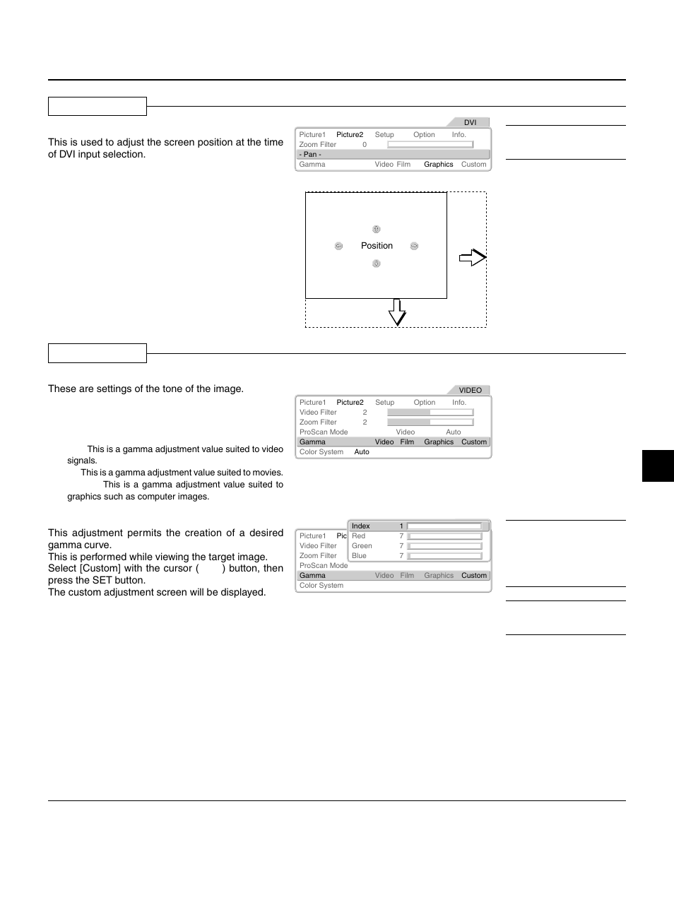 Gamma, E – 31, Adjustment of screen display position | Gamma settings, Custom adjustments | PLUS Vision HE-3100 User Manual | Page 31 / 44
